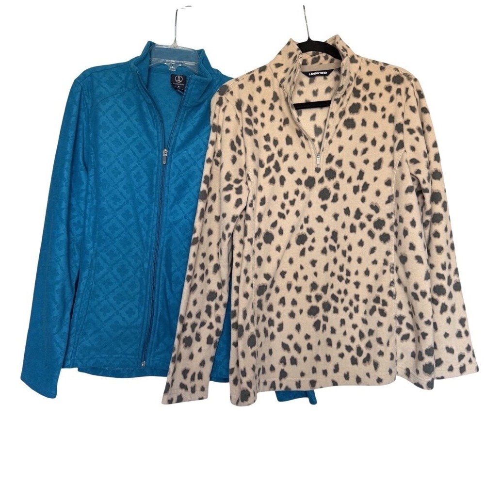 Lands End Womens Fleece Lot Size M Leopard 1/4 Zip‎ Blue Thermacheck 10